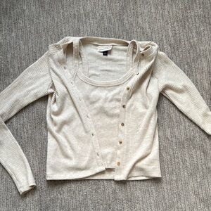 Cream Ribbed Sweater Cardigan Set